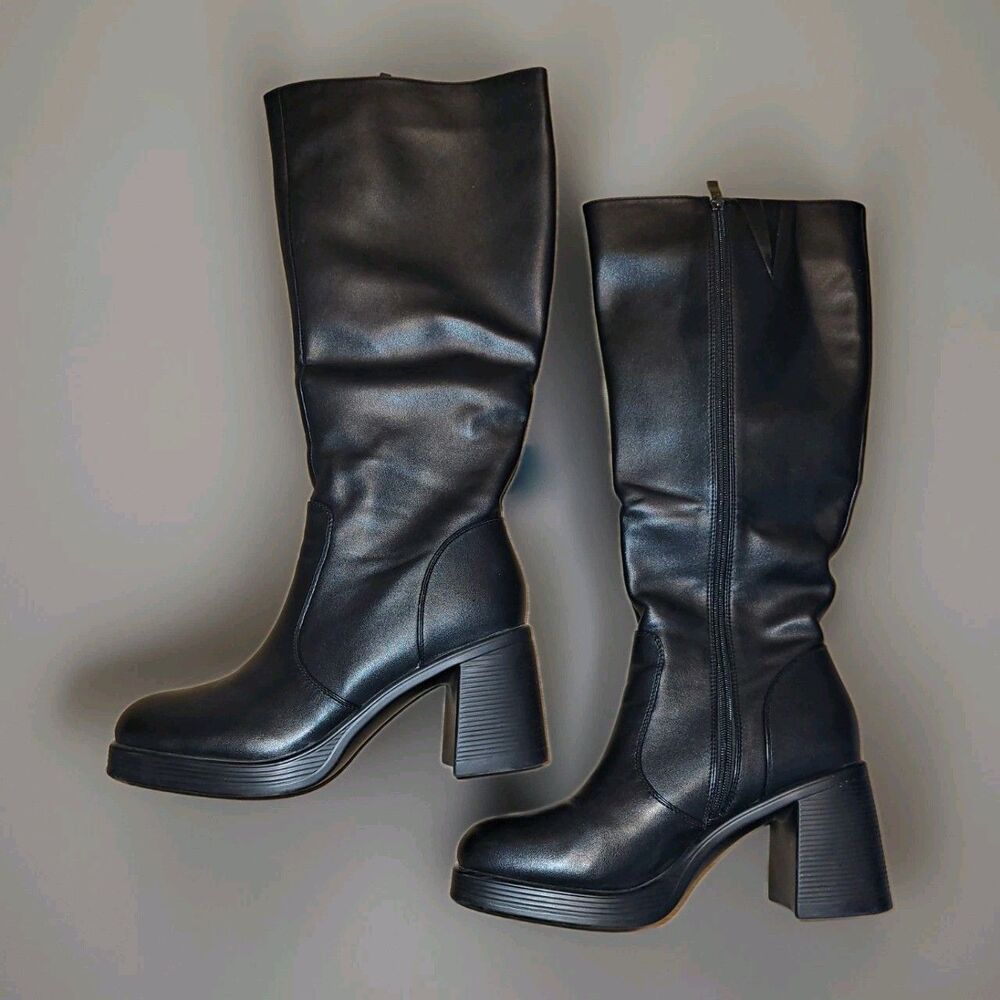 Womens Knee High Boots Black Leather Platform Square Toe Block Heel 10.5